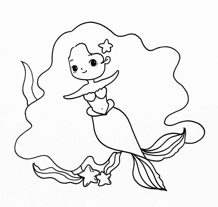 美人鱼卡通黑白简笔画图片大全-Q版_3