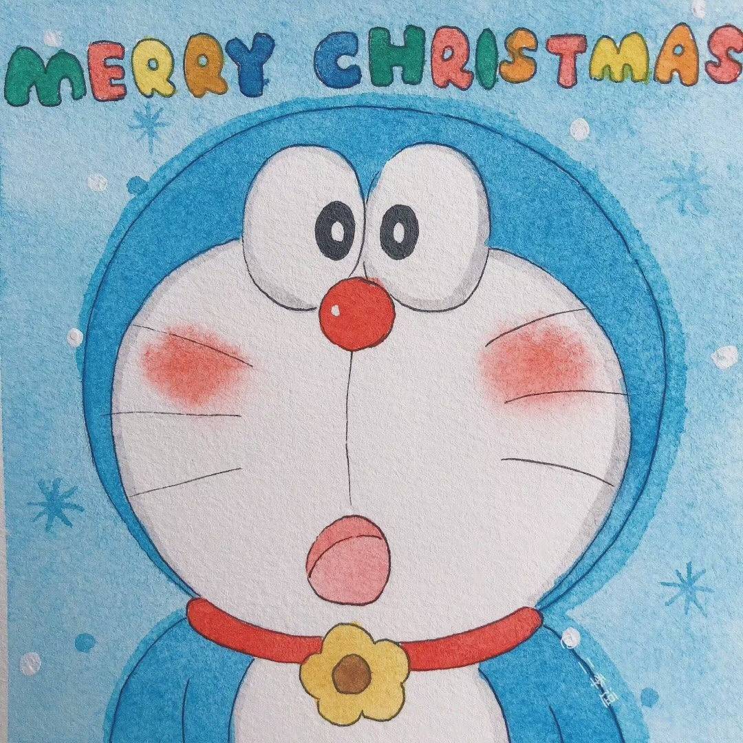 手绘圣诞版版蓝胖子哆啦A梦彩色简笔画图片大全-1-6TU