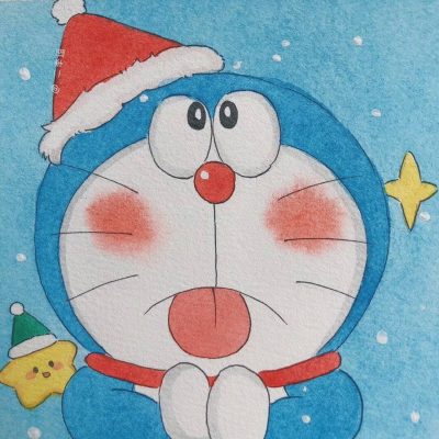 手绘圣诞版版蓝胖子哆啦A梦彩色简笔画图片大全