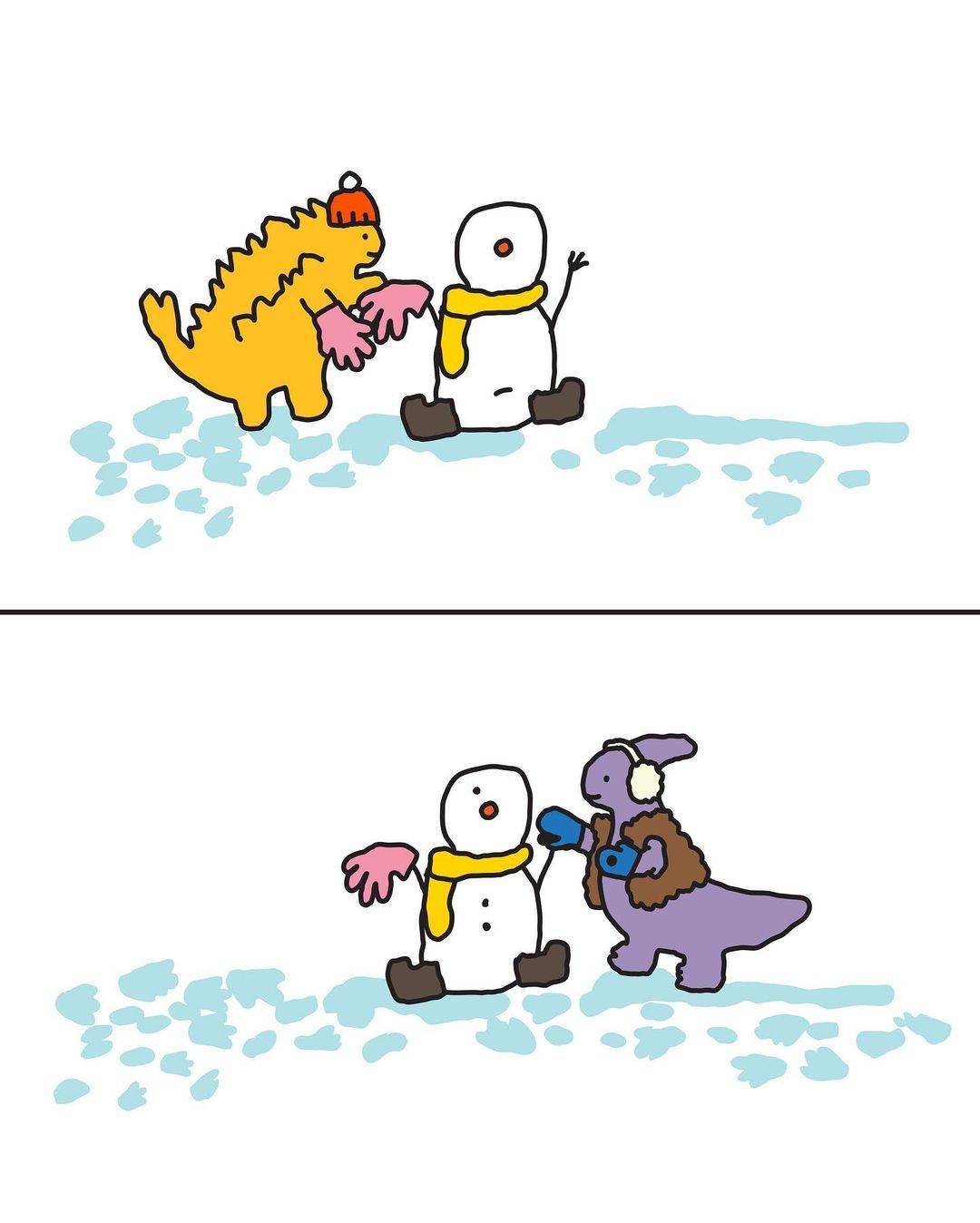 可爱卡通小恐龙堆雪人简笔画图片大全_3