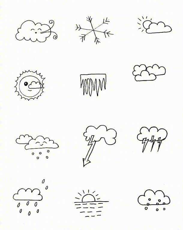 可爱天气预报图标黑白简笔画 云朵太阳下雨天简笔画这样画！_1