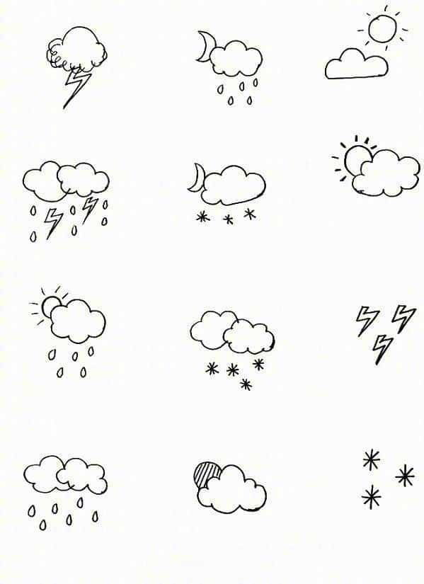可爱天气预报图标黑白简笔画 云朵太阳下雨天简笔画这样画！_2
