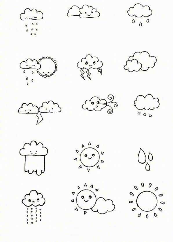 可爱天气预报图标黑白简笔画 云朵太阳下雨天简笔画这样画！_5