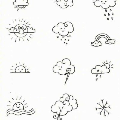可爱天气预报图标黑白简笔画 云朵太阳下雨天简笔画这样画！