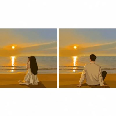手绘大学生情侣浪漫头像 看夕阳 海边拍照一起读书！
