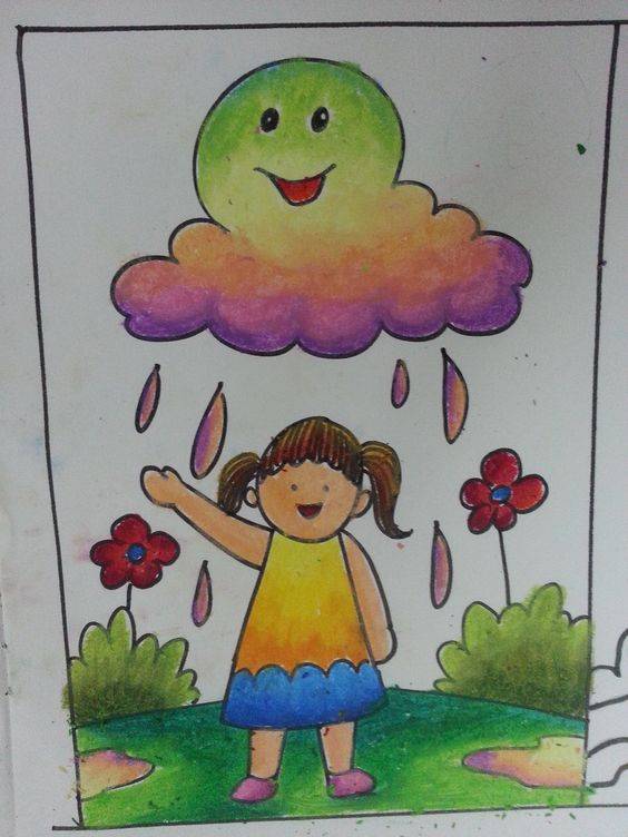 下雨不打伞淋雨的小孩彩色简笔画图片大全_4