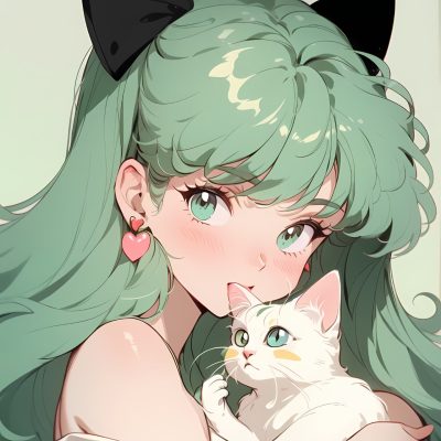 绿头发吸猫少女二次元动漫女生头像，一个女孩和猫的动漫头像