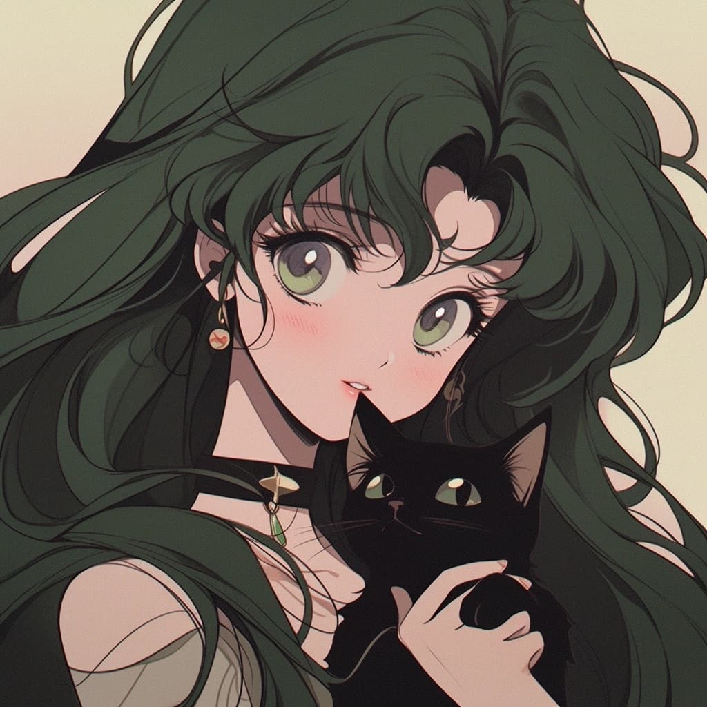 绿头发吸猫少女二次元动漫女生头像，一个女孩和猫的动漫头像_10