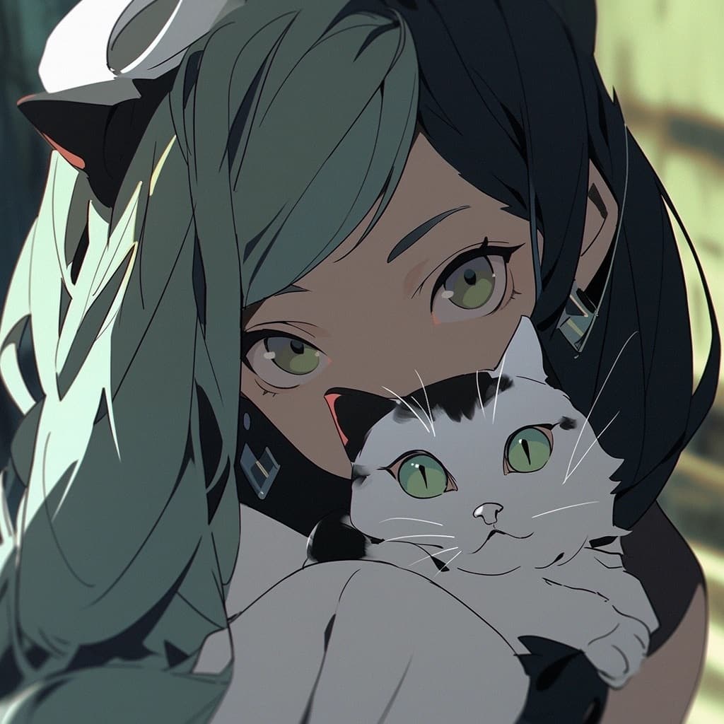 绿头发吸猫少女二次元动漫女生头像，一个女孩和猫的动漫头像_11