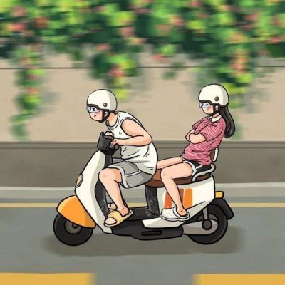 男生骑车带着女朋友情侣头像卡通图片