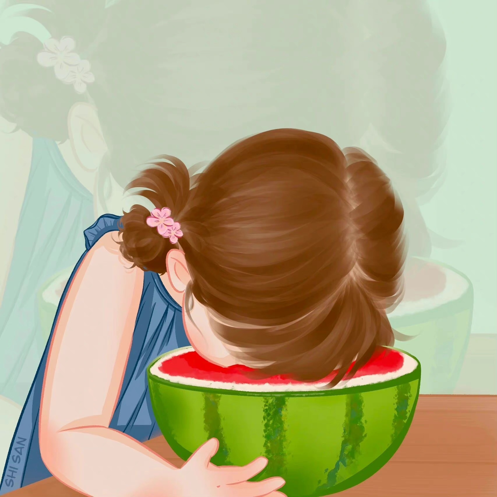 小男孩小女孩埋头吃西瓜的情头图片_5