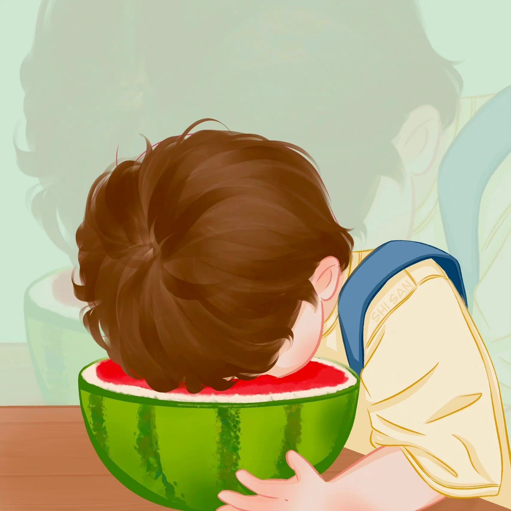 小男孩小女孩埋头吃西瓜的情头图片_6