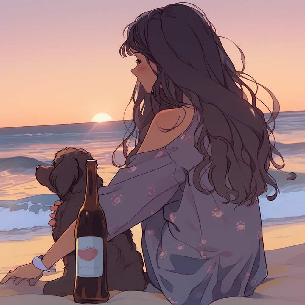 海边一人一狗一瓶酒男女背影情侣头像 AI绘画_9