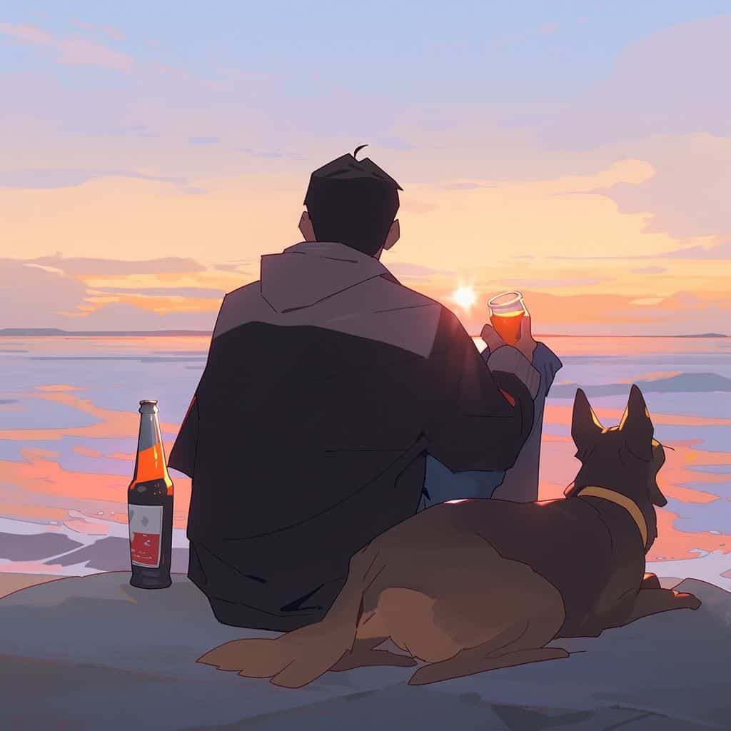 海边一人一狗一瓶酒男女背影情侣头像 AI绘画_10