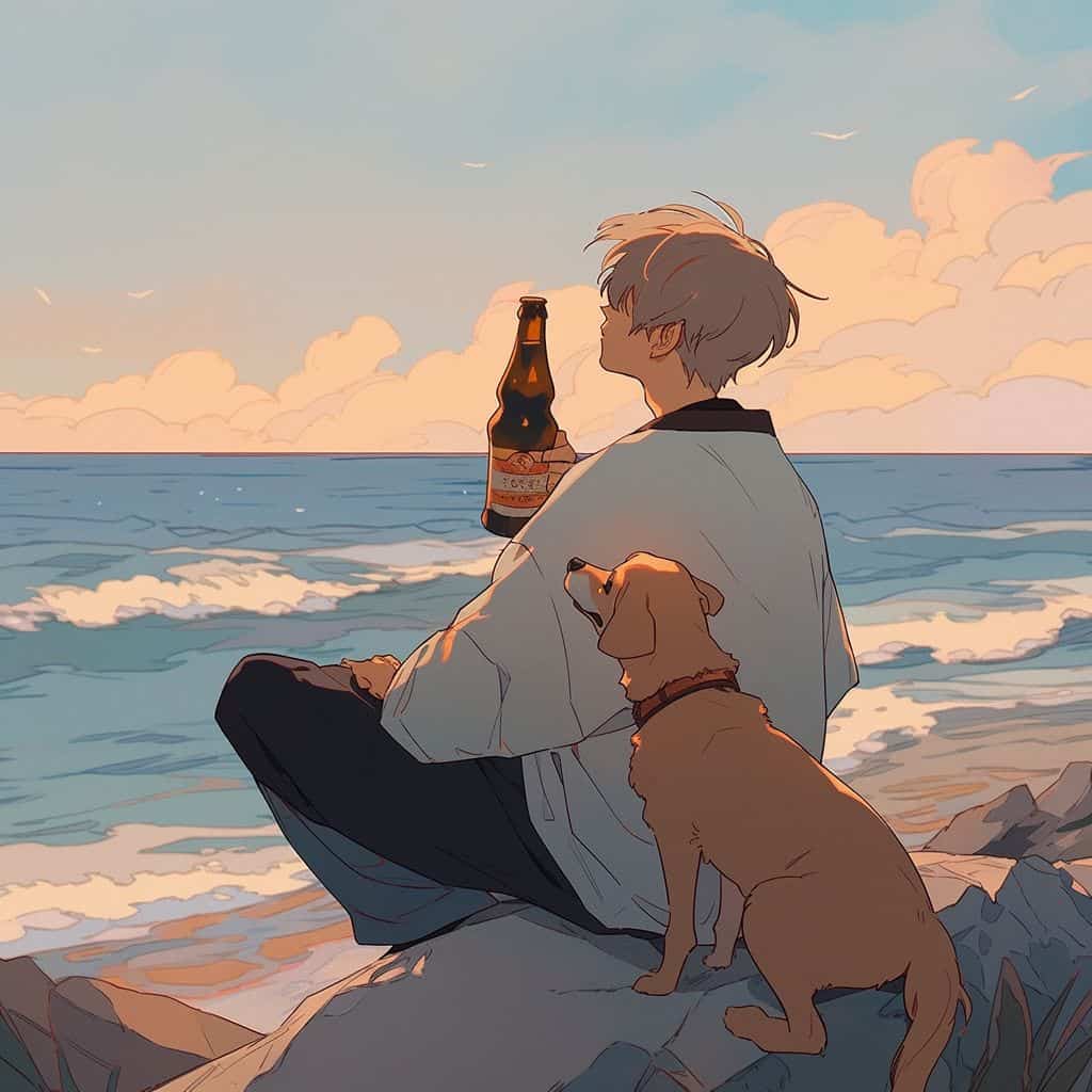 海边一人一狗一瓶酒男女背影情侣头像 AI绘画_14