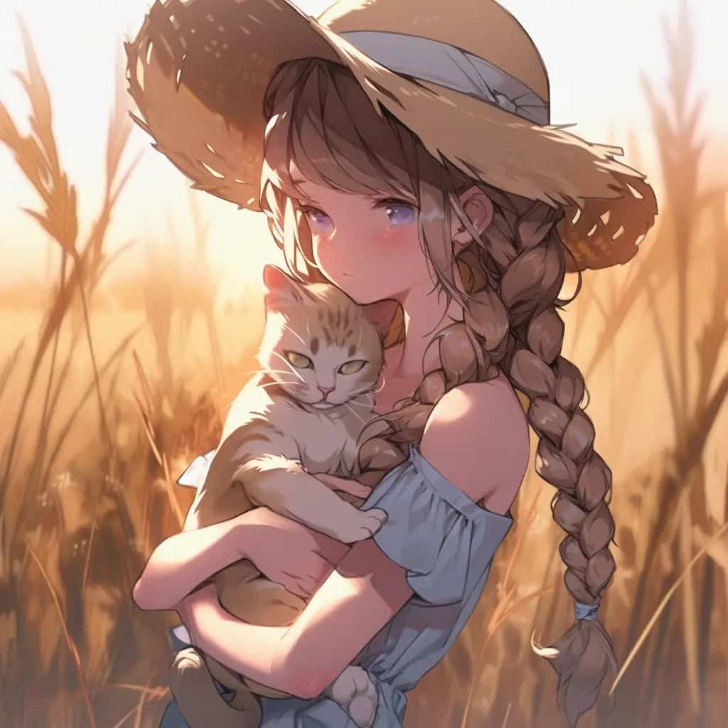 动漫麦田草帽女孩卡通头像 抱着猫的女孩AI绘画_1