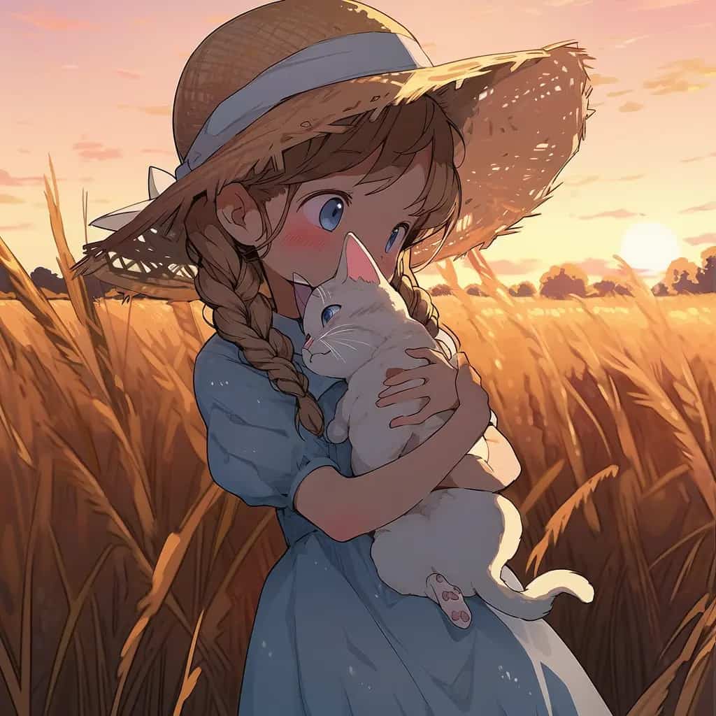 动漫麦田草帽女孩卡通头像 抱着猫的女孩AI绘画_4