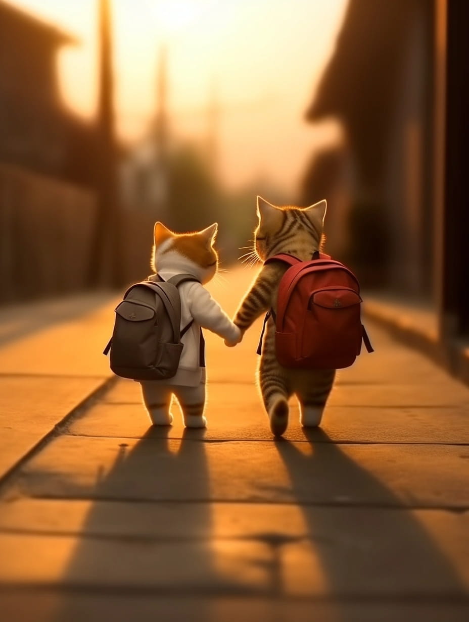 Ai绘画猫咪背着书包一起上学放学像极了我们的小时候_3