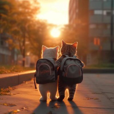 Ai绘画猫咪背着书包一起上学放学像极了我们的小时候