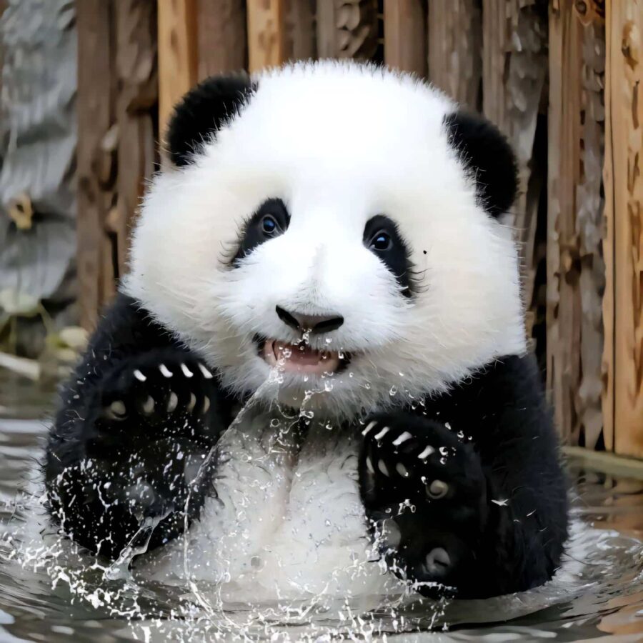 大熊猫花花洗澡高清微信头像图片 呆萌可爱动物大熊猫和花头像_1