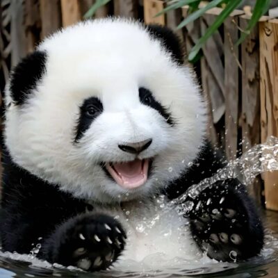 大熊猫花花洗澡高清微信头像图片 呆萌可爱动物大熊猫和花头像