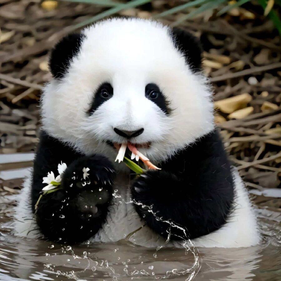 大熊猫花花洗澡高清微信头像图片 呆萌可爱动物大熊猫和花头像_5