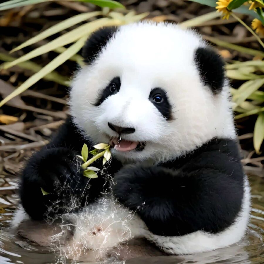 大熊猫花花洗澡高清微信头像图片 呆萌可爱动物大熊猫和花头像_6