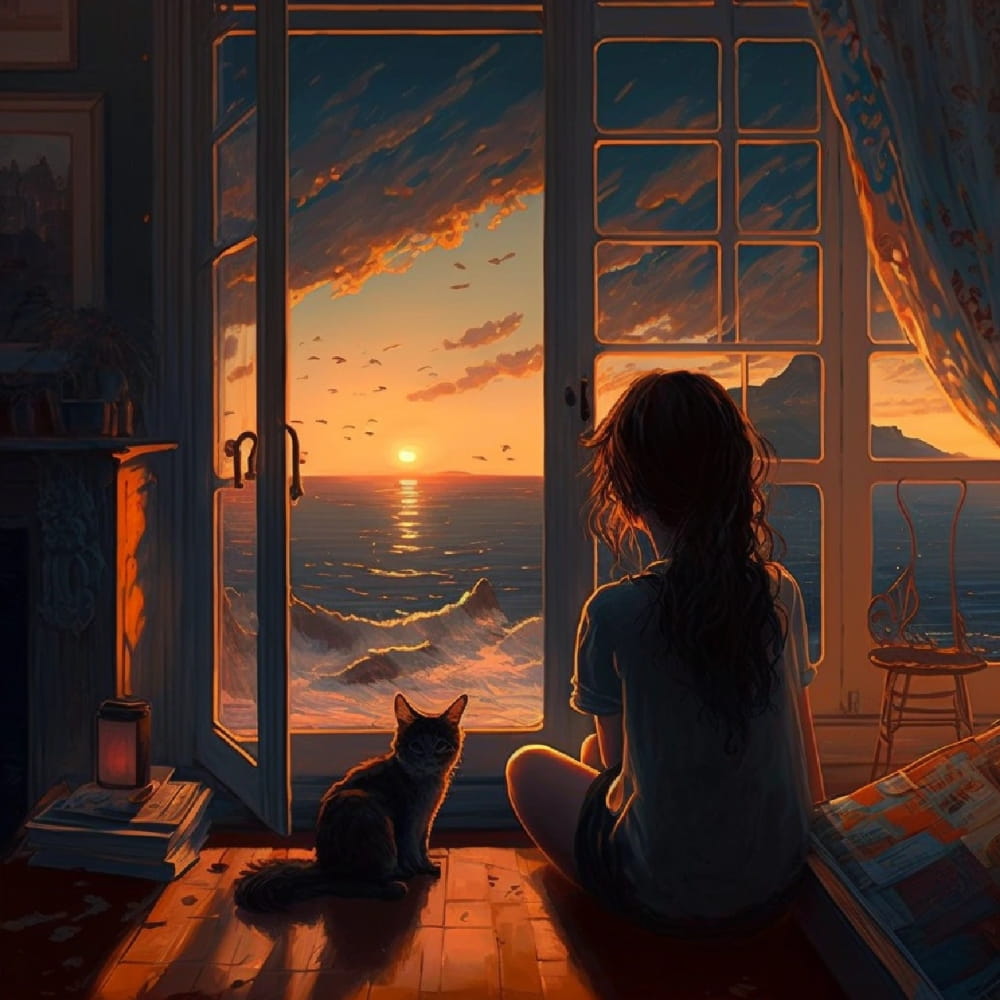 Ai绘画女孩背影和猫咪看大海和日落的女生头像_1
