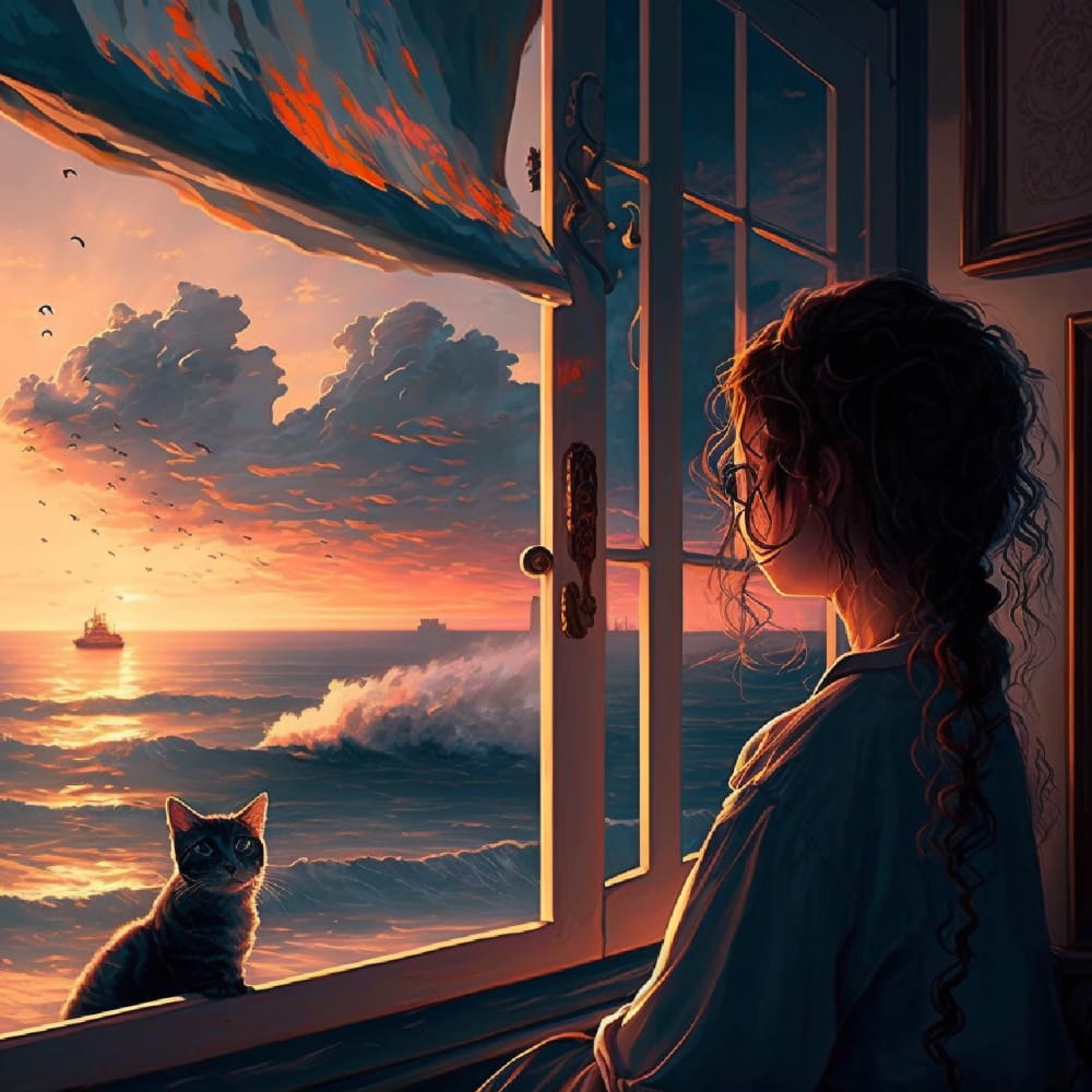 Ai绘画女孩背影和猫咪看大海和日落的女生头像_2