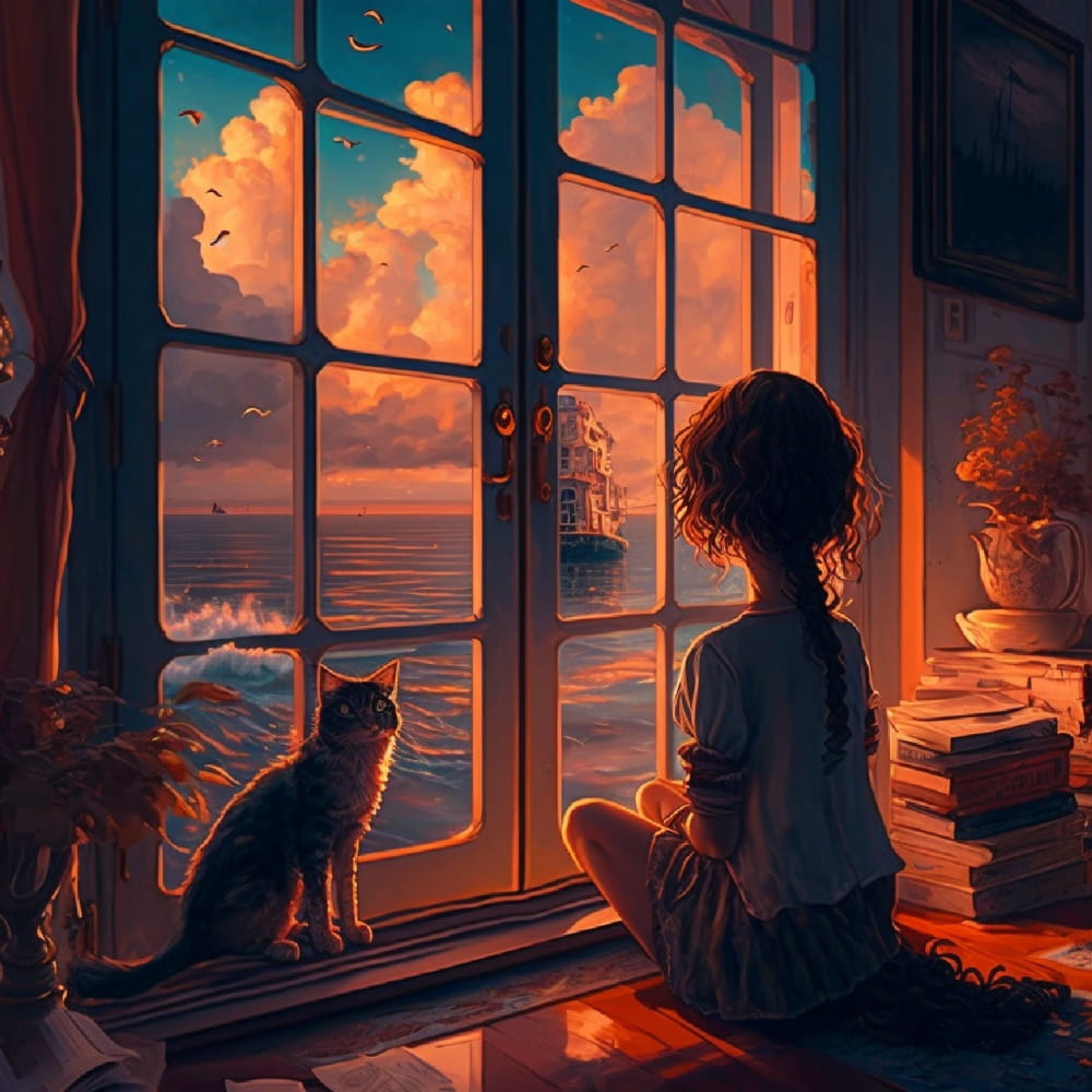 Ai绘画女孩背影和猫咪看大海和日落的女生头像_3