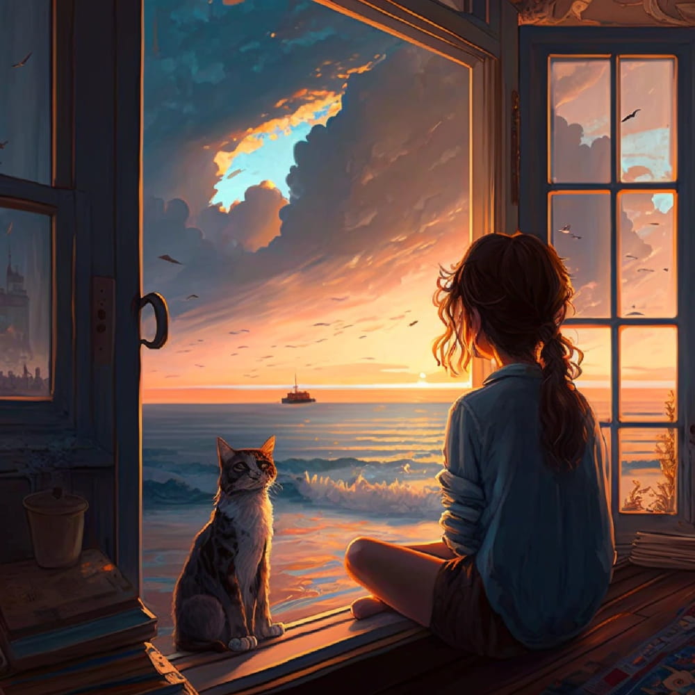 Ai绘画女孩背影和猫咪看大海和日落的女生头像_4