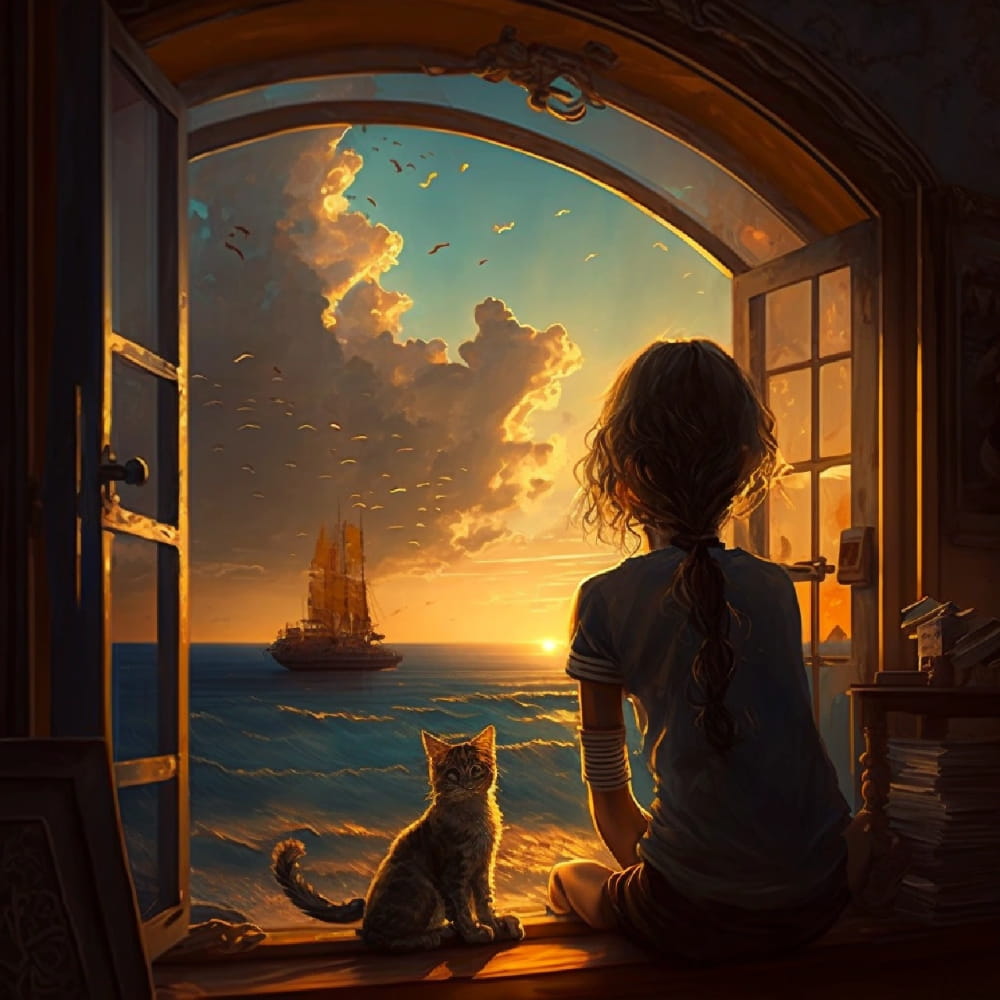 Ai绘画女孩背影和猫咪看大海和日落的女生头像_5