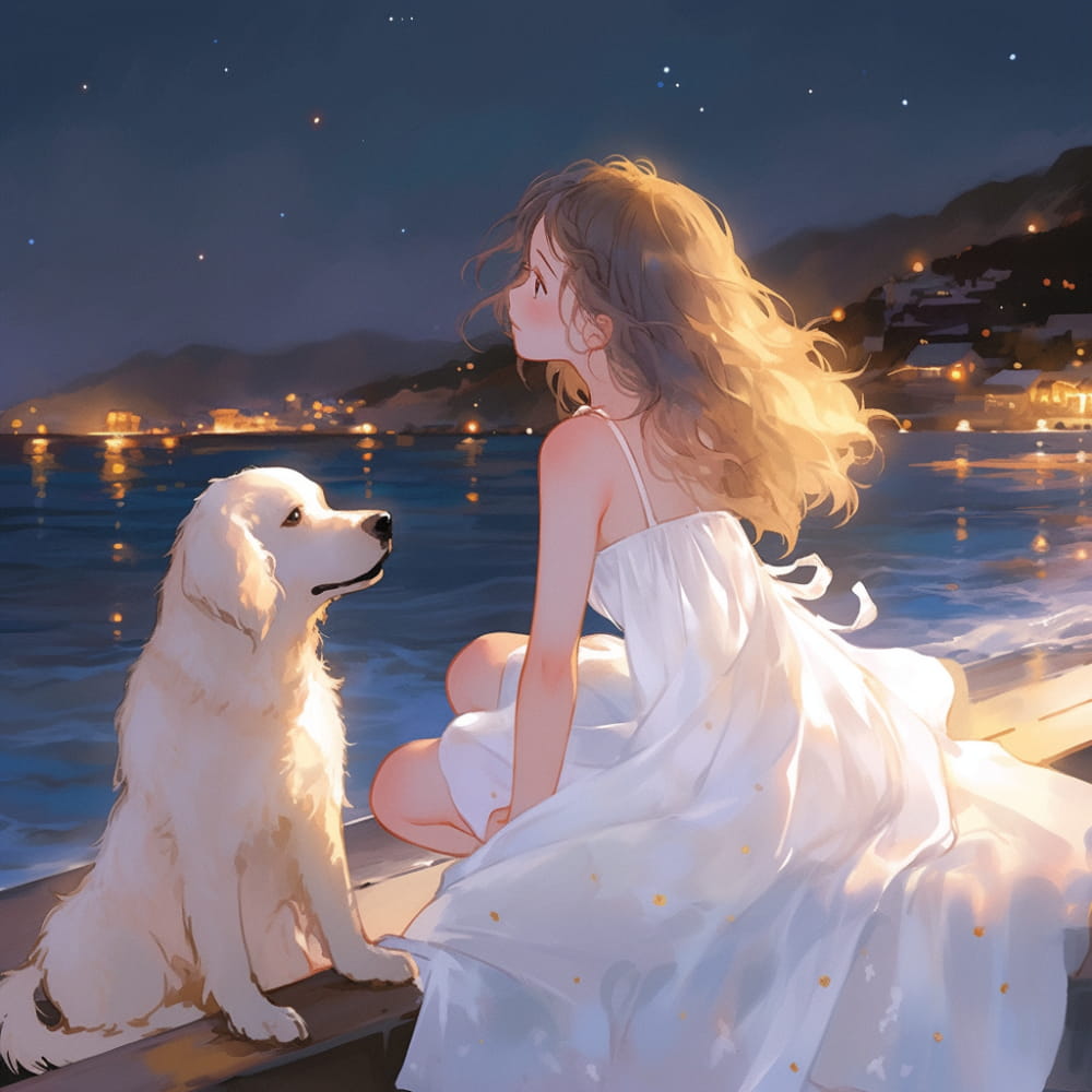 Ai女孩和狗傍晚海边看海和星空，背影侧脸海边女生头像_2