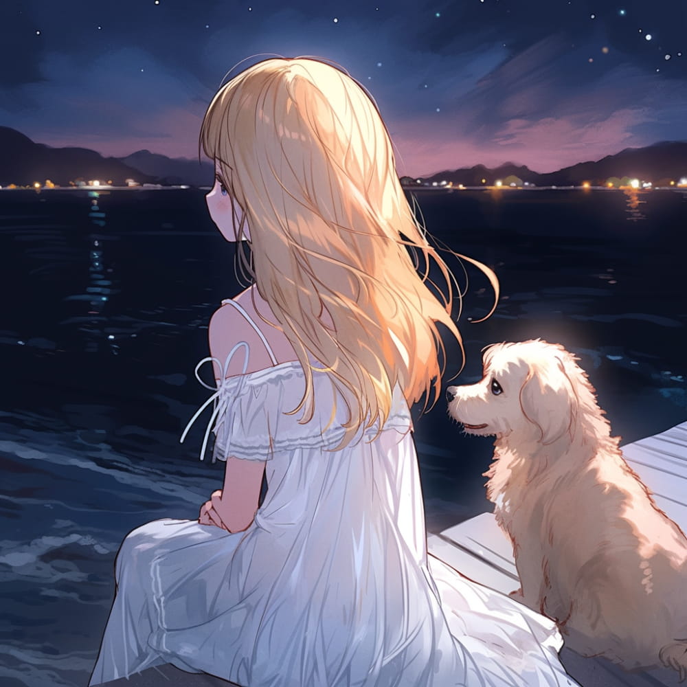 Ai女孩和狗傍晚海边看海和星空，背影侧脸海边女生头像_5
