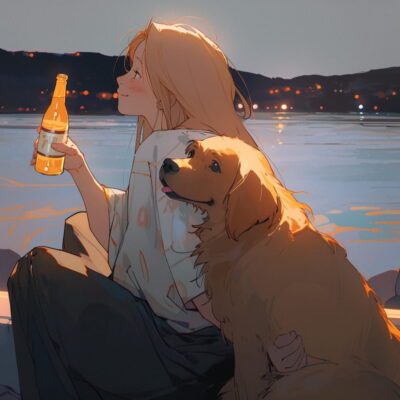 傍晚女孩喝着酒和狗狗看海和星空女生侧脸Ai头像