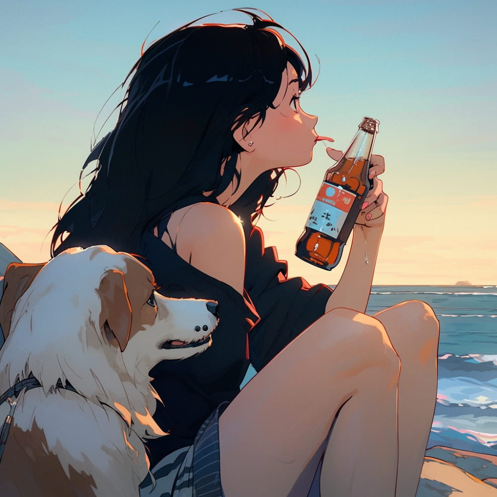 傍晚女孩喝着酒和狗狗看海和星空女生侧脸Ai头像_1