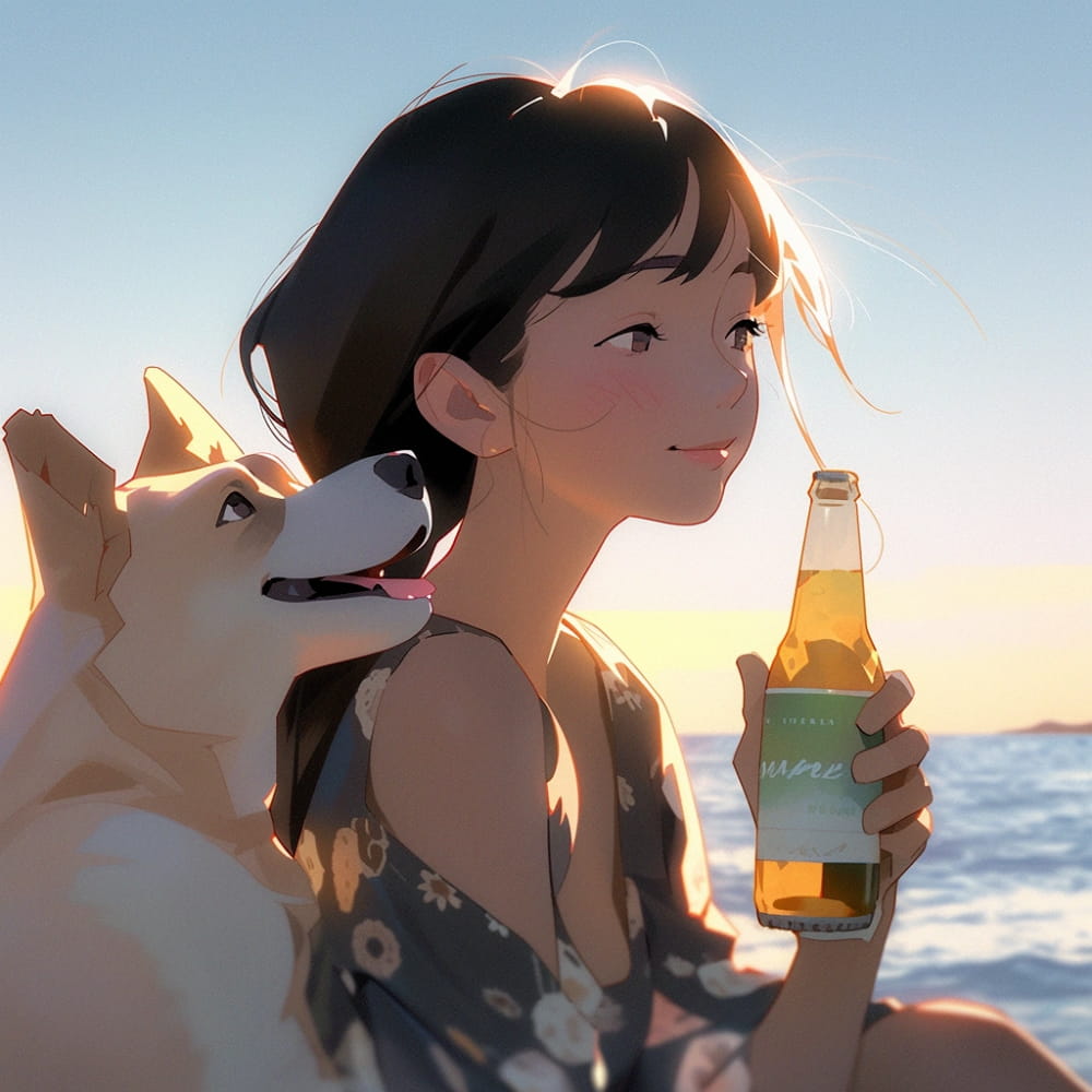 傍晚女孩喝着酒和狗狗看海和星空女生侧脸Ai头像_3