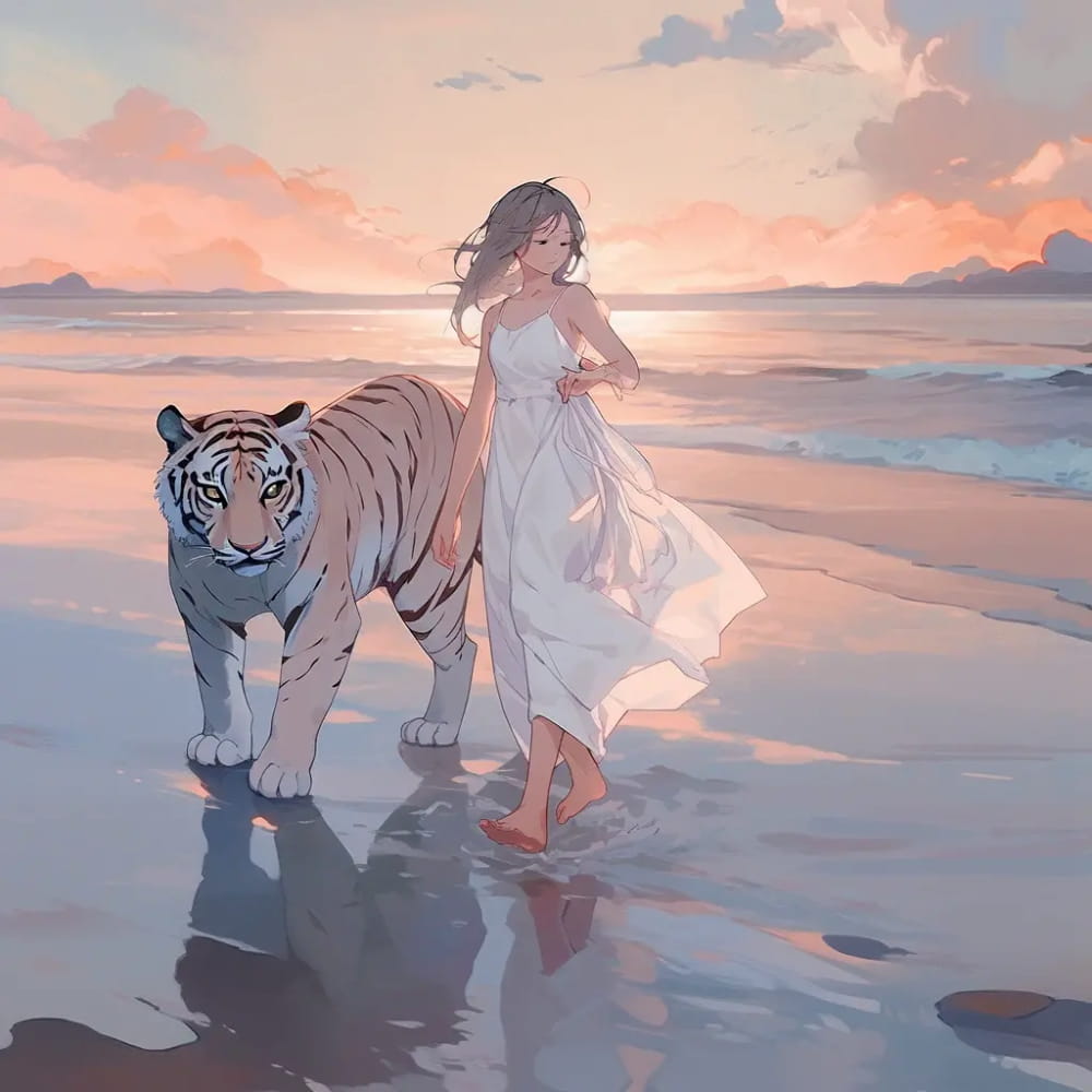 大海日落女孩和老虎散步霸气头像 Ai绘画_2