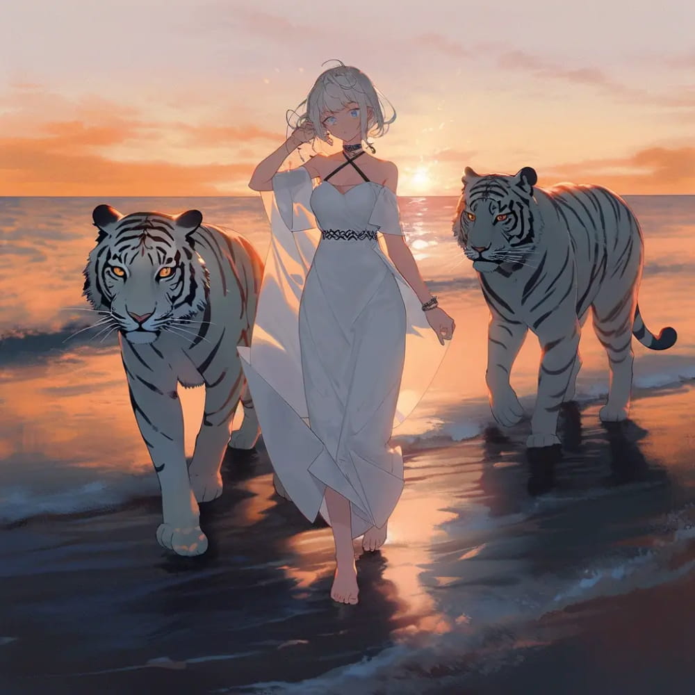 大海日落女孩和老虎散步霸气头像 Ai绘画_4