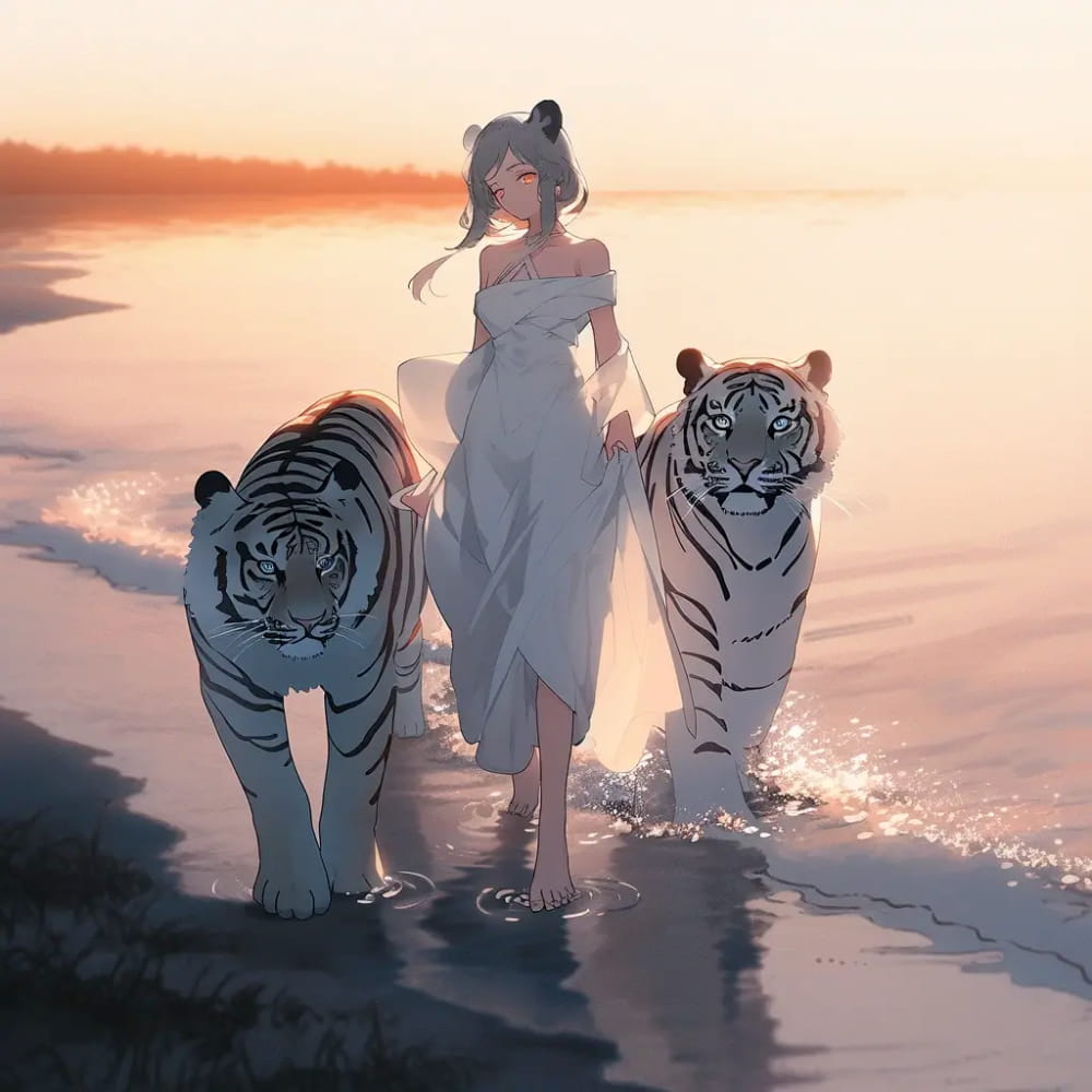 大海日落女孩和老虎散步霸气头像 Ai绘画_6