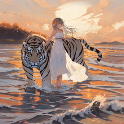 大海日落女孩和老虎散步霸气头像 Ai绘画
