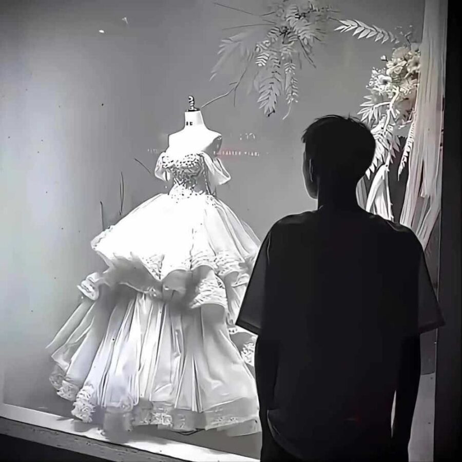 男生隔着玻璃看婚纱的伤感背影微信头像 男人站在婚纱外看婚纱头像_9