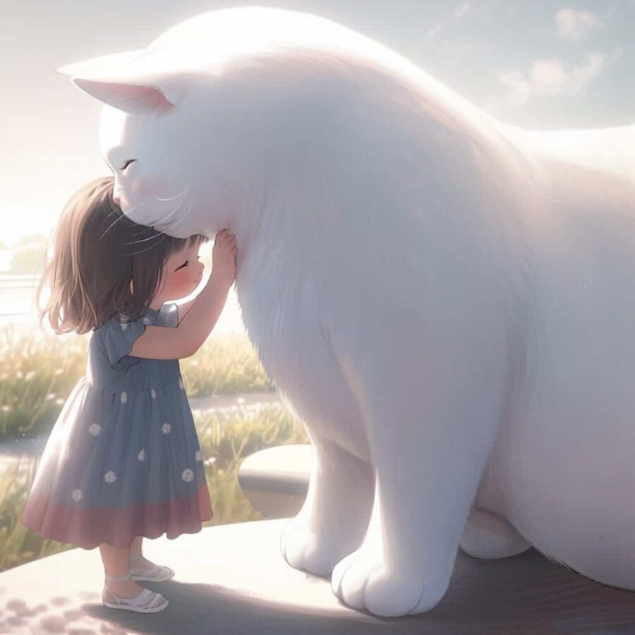 小女孩抱大猫大狗有爱治愈系微信头像 AI绘画柴犬白猫和女孩头像图_11