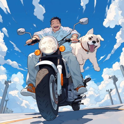 带着狗狗骑摩托骑行男生头像，机车骑士ai男头