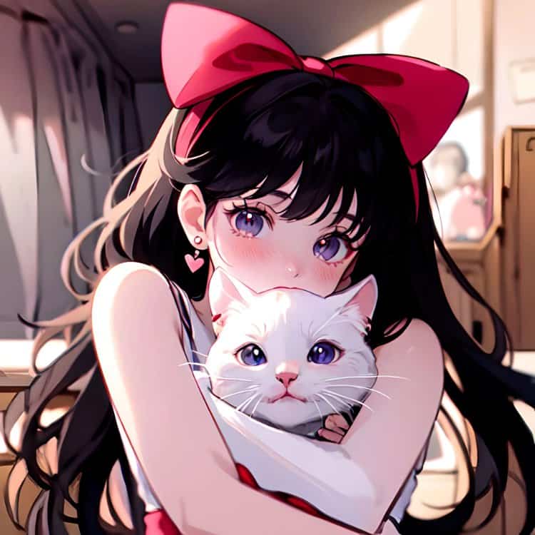 旧漫黑色长发女孩戴红色蝴蝶结抱着白色猫咪高清微信头像 AI绘画美女头像图_2
