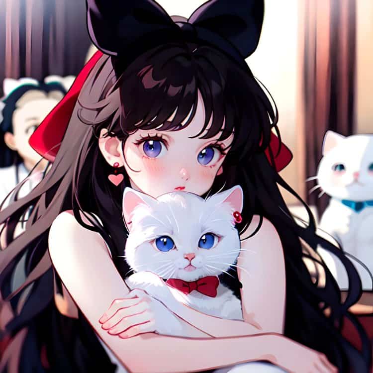 旧漫黑色长发女孩戴红色蝴蝶结抱着白色猫咪高清微信头像 AI绘画美女头像图_5