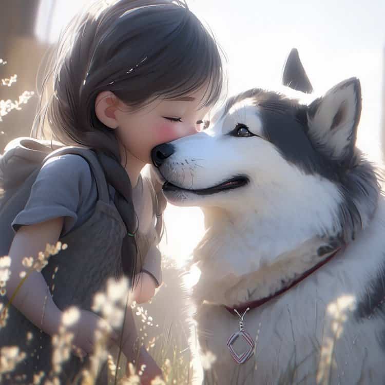 小女孩和大狗哈士奇拥抱的动漫头像 AI女孩和二哈好有爱的微信头像_11