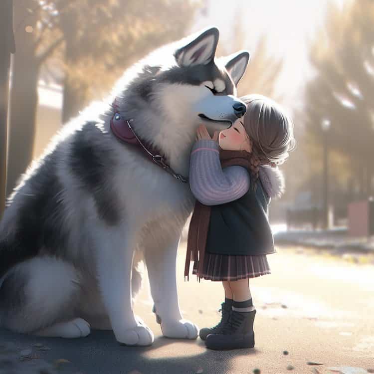 小女孩和大狗哈士奇拥抱的动漫头像 AI女孩和二哈好有爱的微信头像_13