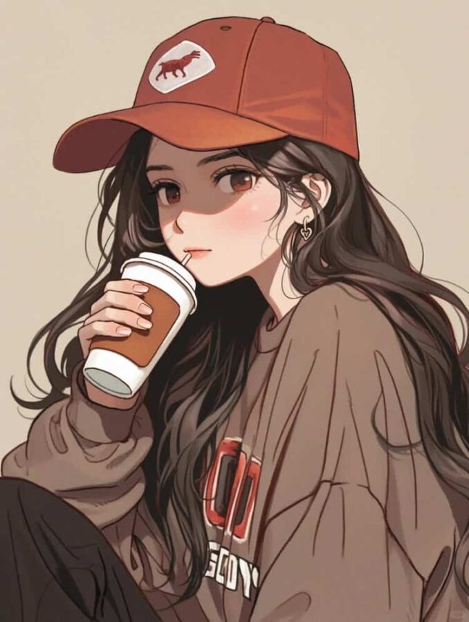 AI动漫喝咖啡的女孩微信头像 酷酷又温柔的气质女孩手拿咖啡头像_17