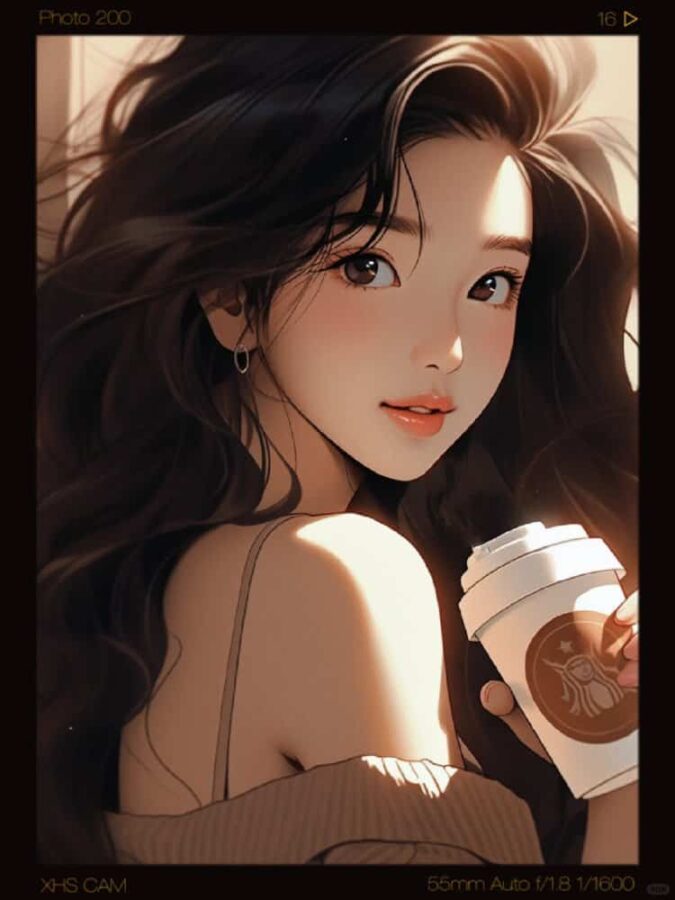 AI动漫喝咖啡的女孩微信头像 酷酷又温柔的气质女孩手拿咖啡头像_2